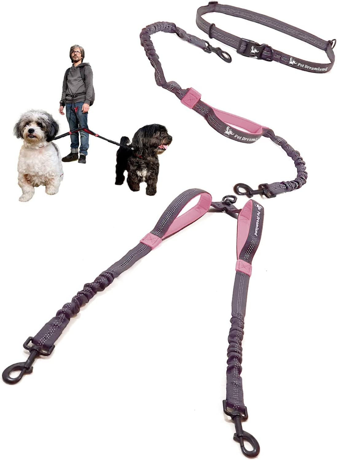 Exquisite Hands Free Dual Dog Leash for Medium Dogs. Trending Waist Leash for Walking 2 Dogs No Tangle. You Will Absolutely Love This Amazing Double Dog Gear (Dark Grey & Pink)